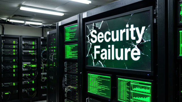 Security failure concept within server infrastructure highlighting protection breakdown cyber vulnerabilities and operational technology risks