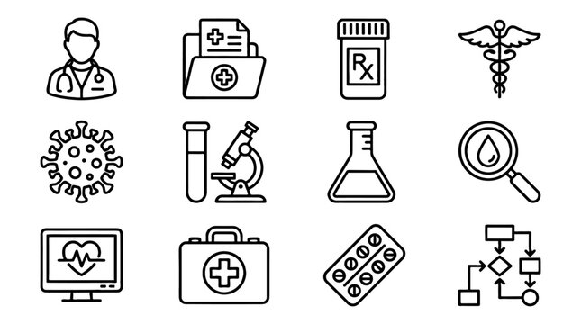Medical checkup and healthcare line icon set