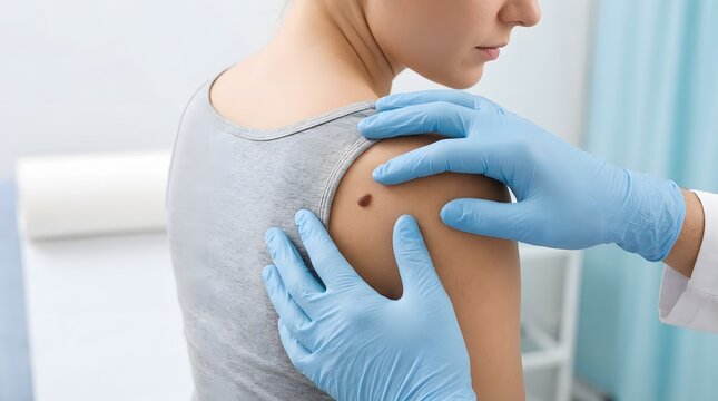 Dermatologist examining skin rash on patient's upper back