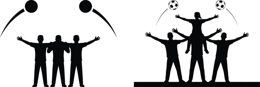 Black silhouette vector illustration of a soccer team celebrating a match victory with footballs flying above their heads in a human pyramid and group formation for sports design projects.