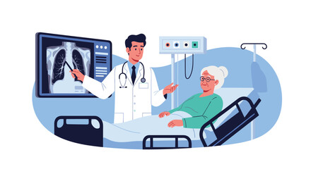 Fototapeta premium Male doctor explaining lung x-ray results to an elderly female patient resting in a hospital bed for personalized medical care.
