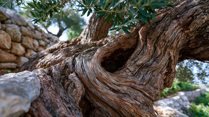 Obraz premium Ancient olive tree Olea europaea gnarled trunk bark close, deeply furrowed grey bark spiral twist growth form, hollow cavity in aged trunk, silver leaf canopy above, Mediterranean agricultural terra