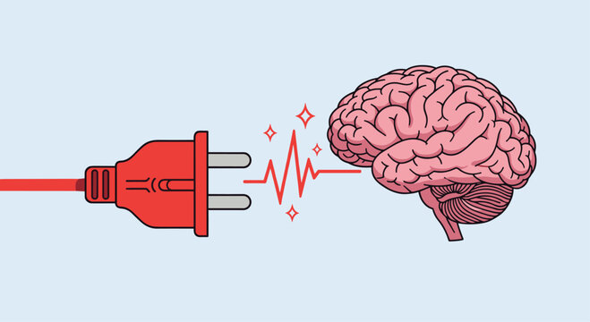 Red power plug connecting to a human brain with electrical sparks symbolizing mental energy cognitive power and brain stimulation.