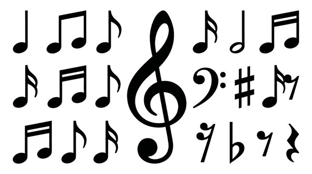 Set of black musical notes and symbols isolated on white