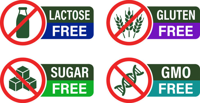 Lactose gluten sugar and gmo free food labels and dietary restrictions icons
