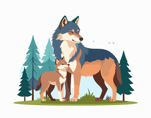 Obraz premium A stylized mother and cub wolf stand protectively amidst pine trees in a forest