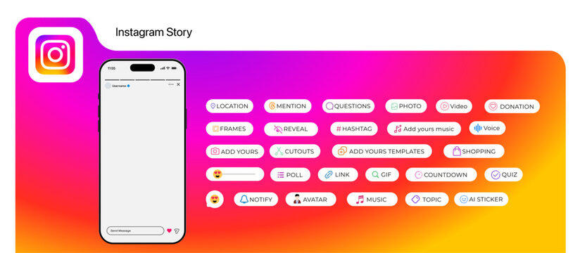 Instagram mobile App story interface template. Instagram stories mock up. Stories tool sticker. Blogging set. Location, mention, question, photo, Add yours music, Voice, poll, Add Yours, COUNTDOWN.