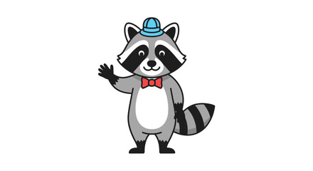 Raccoon cartoon character in hat waving. © Jisam
