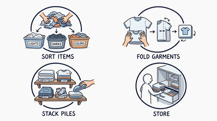 Naklejka premium Step-by-step visual guide to organizing and storing clothes efficiently for a clutter-free space