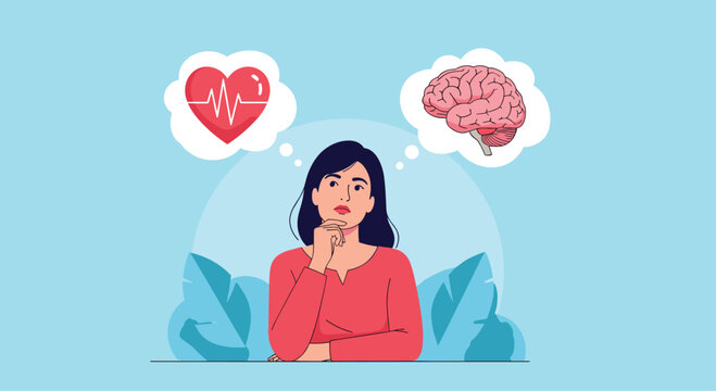 Thinking woman weighing her options between emotional heart and rational brain for making difficult life decisions.