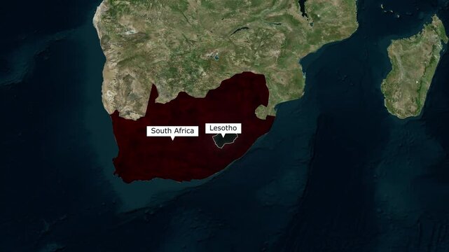 Detailed high resolution satellite map animation of Southern Africa highlighting the geographical borders and territories of South Africa and Lesotho for geopolitical news broadcasts