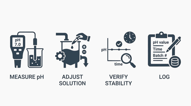 Icons representing a four-step process of chemical analysis measuring pH, adjusting solution, verifying stability, and logging results for scientific or industrial applications
