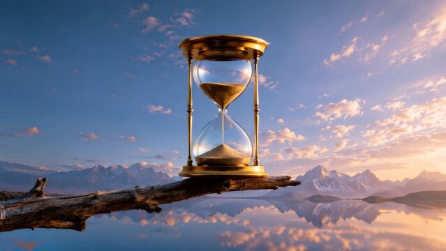 Time Management and Emotional Balance Represented by Hourglass in Serene Mountain Landscape with Clouds and Reflective Water