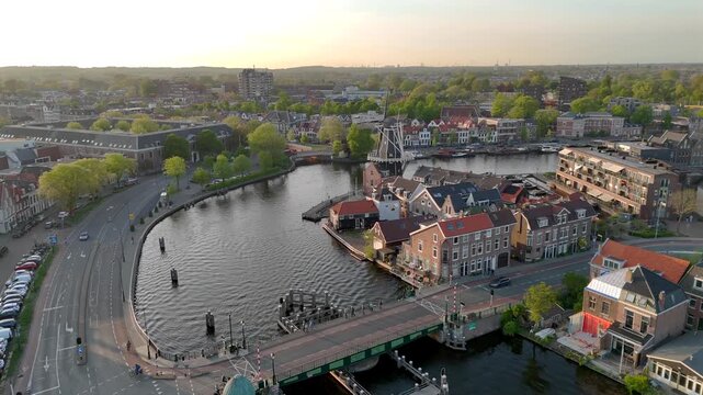 Canal in Haarlem town, the former Capital of the Netherlands. Aerial Filming from the air with a drone at sunset Time.