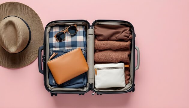 Top view of an organized open suitcase packed with jeans plaid shirt brown sweaters leather pouches and a straw hat on a pink background.