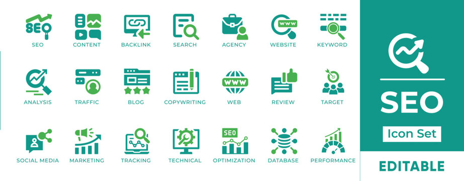 SEO Optimization Backlink Ranking Content Analytics Marketing Tracking Keyword Speed Domain Vector Icon Set