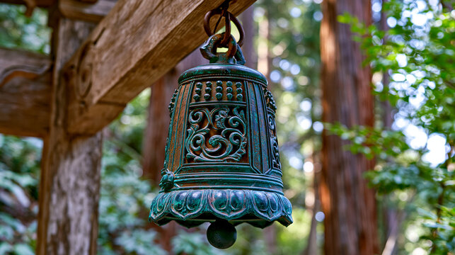 Oxidized bronze temple bell hanging in Japanese cedar woodland shrine approach, verdigris patina surface, Shinto religious artifact, cast metal acoustic instrument, sacred architecture context, fore