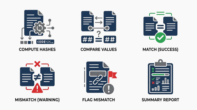Set of icons depicting data processing, comparison, and analysis steps, including hashing, value comparison, matches, mismatches, and summary reports