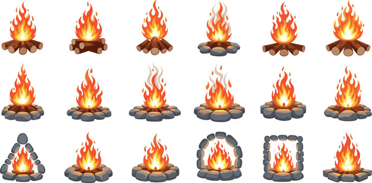Campfire and Bonfire Vector Icon Set with Burning Wood Flames and Stone Ring Borders for Camping, Outdoor Survival, and Adventure Designs
