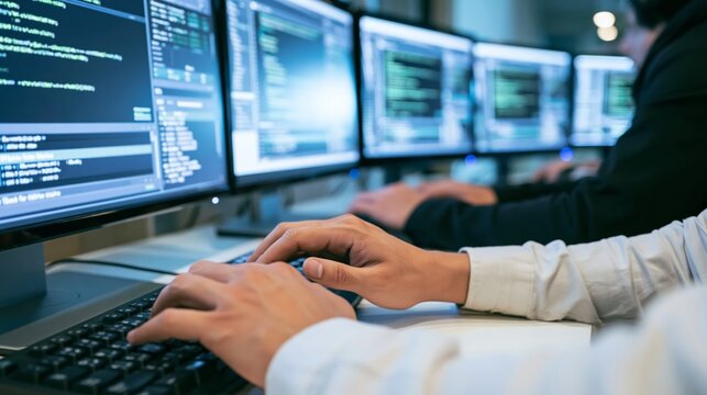 Developer hands typing code on keyboard, multiple computer screens displaying programming language and data in modern IT office