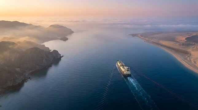 Aerial view of cargo ship navigating strait of hormuz with waterway