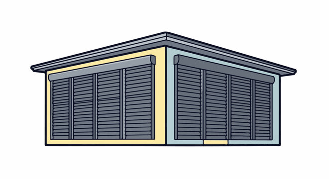 A simple illustration of a modern building corner with roll-up shutters