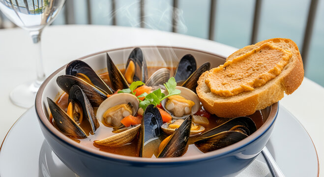 Steaming bowl of seafood bouillabaisse soup vector image with fresh mussels clams vegetables and a slice of bread spread with rouille