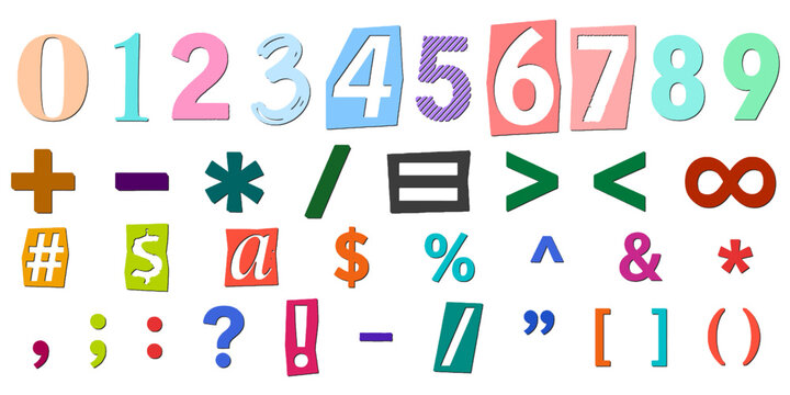 Colorful magazine cutout numbers punctuation marks and math symbols vector set in ransom note style