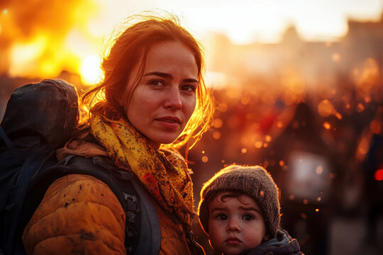 A young mother carrying a backpack and her child walks amidst a sunset-lit crowd, conveying resilience and hope during difficult times
