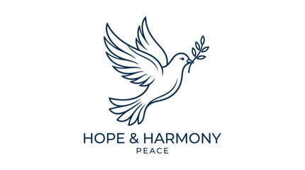 Fototapeta premium Dove of peace flying with olive branch, elegant line art logo, symbol of hope
