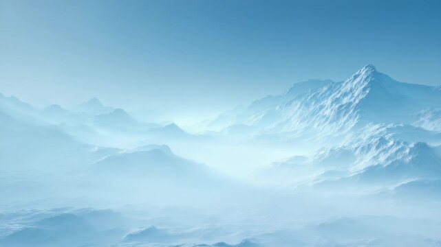 Expansive snowy mountains stretch across the horizon, enveloped in soft mist and illuminated by gentle daylight. The untouched wilderness evokes feelings of solitude and peacefulness