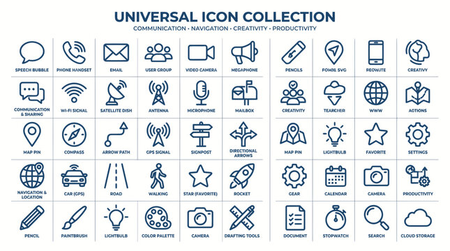Universal Icon Collection: Communication, Navigation, Creativity, Productivity, Technology