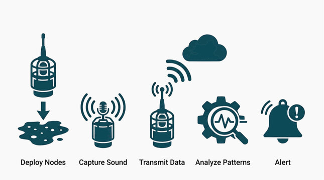 The system deploys nodes to capture sound, transmit data through a cloud, analyze patterns, and alert, showcasing technology and communication.
