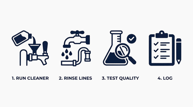 Quality control process for industrial cleaning involves running cleaner through lines, testing quality, and logging results.