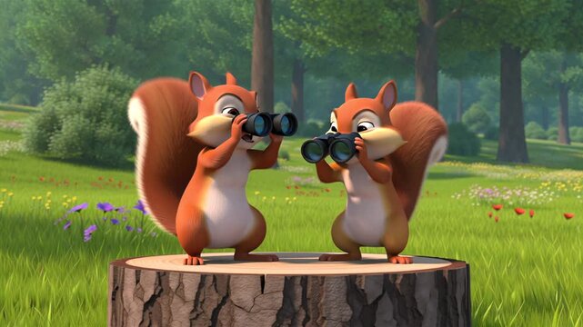 A cute, funny cartoon squirrel with binoculars walks in a meadow in the summer