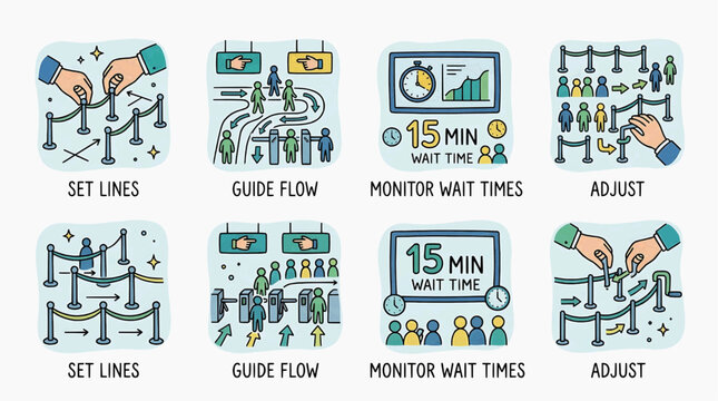 Workers adjusting workflow systems with clocks and monitors in an office environment with illustrations