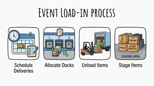 Logistics team schedules deliveries, allocates docks, unloads items, and stages boxes efficiently