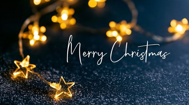 Festive glowing star string lights creating a Christmas background with Merry Christmas text and dark blue snowy bokeh