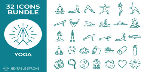 Yoga icons bundle with 32 editable stroke illustrations for mindfulness and wellness designs