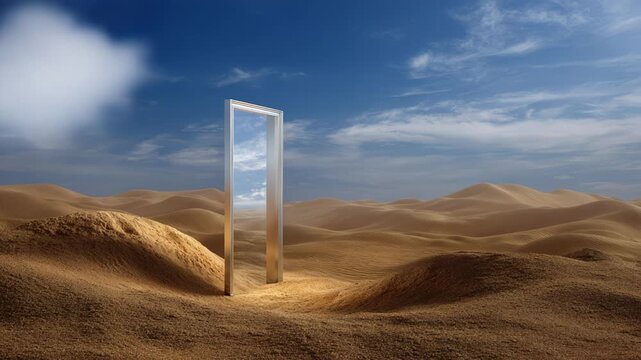 An Enigmatic Doorway Stands Alone in a Vast Desert Landscape, Inviting Curiosity and Imagination Amidst Rolling Sand Dunes and a Clear Blue Sky
