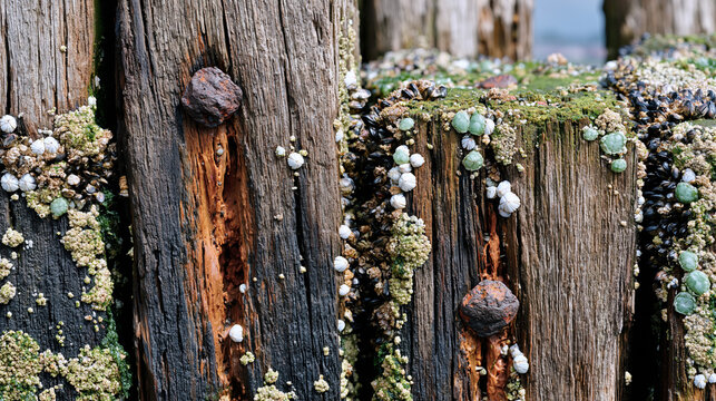 Weathered timber harbour jetty pile close, creosote-treated hardwood sea defence, teredo shipworm Teredidae borer channel damage, barnacle Semibalanus zone colonization, tidal splash zone biological