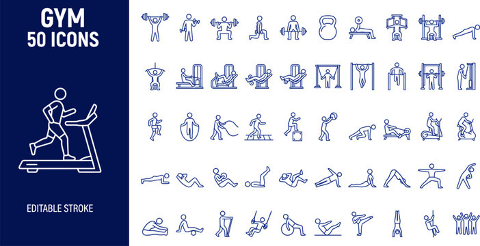 Gym icons set with 50 editable stroke illustrations for fitness and exercise design