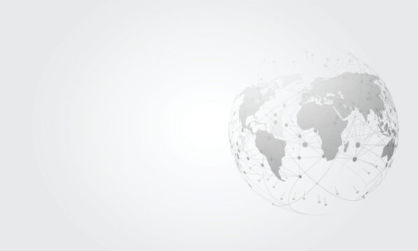 Abstract global network connection technology background grey world map globe vector digital data communication banner with copy space