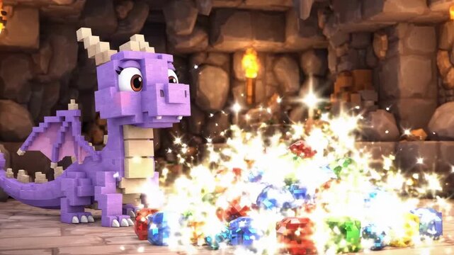 Purple pixel dragon guarding pile of colorful faceted gems in stone cave