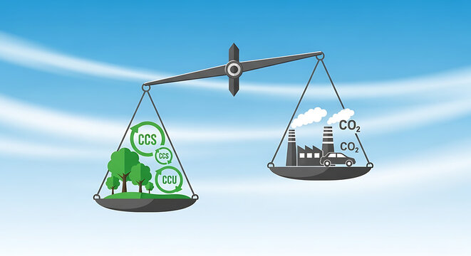 Carbon neutral emissions balance scale with factory and forest, net zero