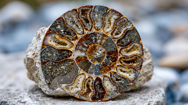 Fossilized ammonite specimen cross-section polished surface, aragonite chamber walls mineralized with pyrite replacement crystal, suture line complexity increasing toward outer whorls, Jurassic lime