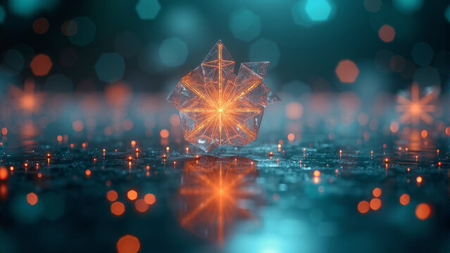 Abstract Crystal Star Geometric Form on Teal Reflective Surface with Amber Bokeh