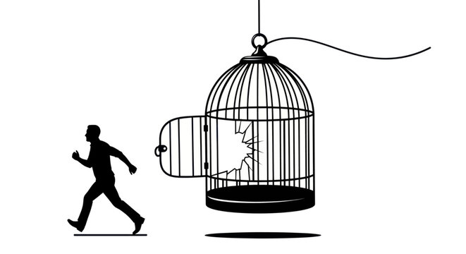 Man Escaping Broken Birdcage Vector Illustration