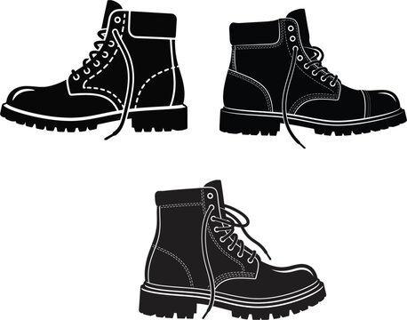 Work boots vector silhouette set featuring leather combat safety boots for construction and industrial uniform