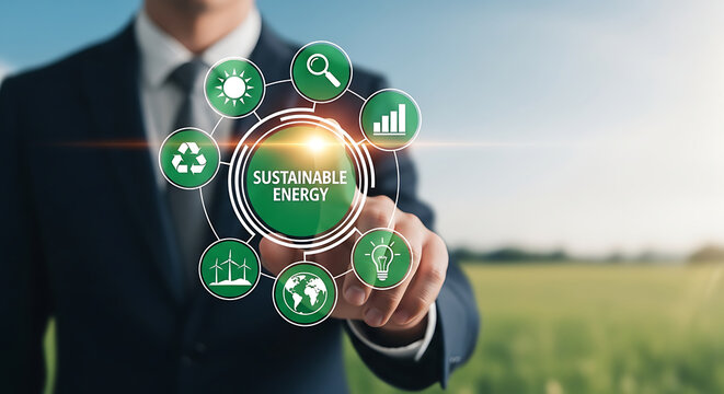 Businessman touching sustainable energy digital interface icons with businessman